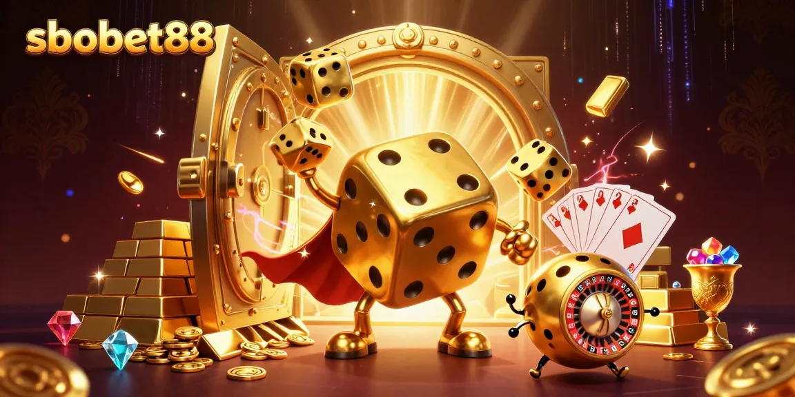 Experience sbobet88 excitement with a golden dice golem juggling riches in this vibrant casino scene.