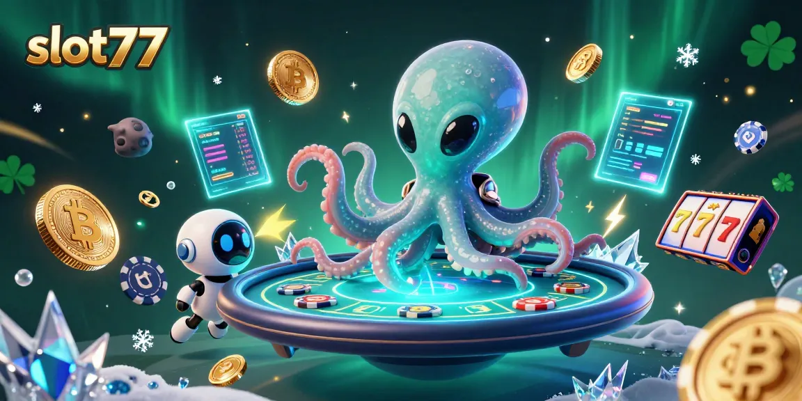 Experience thrilling action with slot77 featuring an alien octopus in a poker scene with vibrant casino elements.
