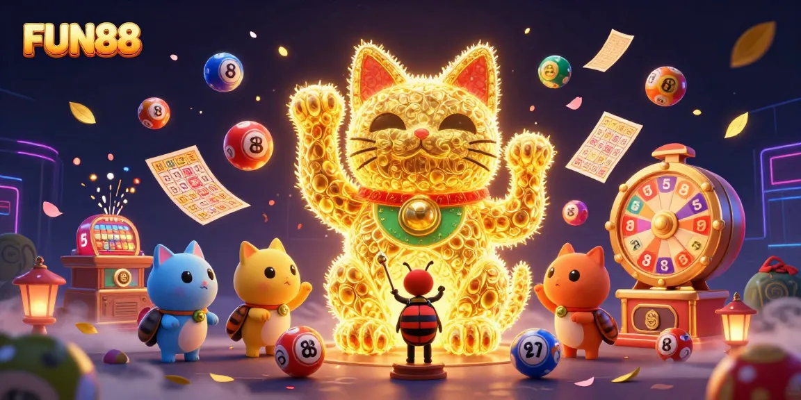 Experience winning moments with FUN88's dynamic casino games featuring vibrant lucky cat illustration.