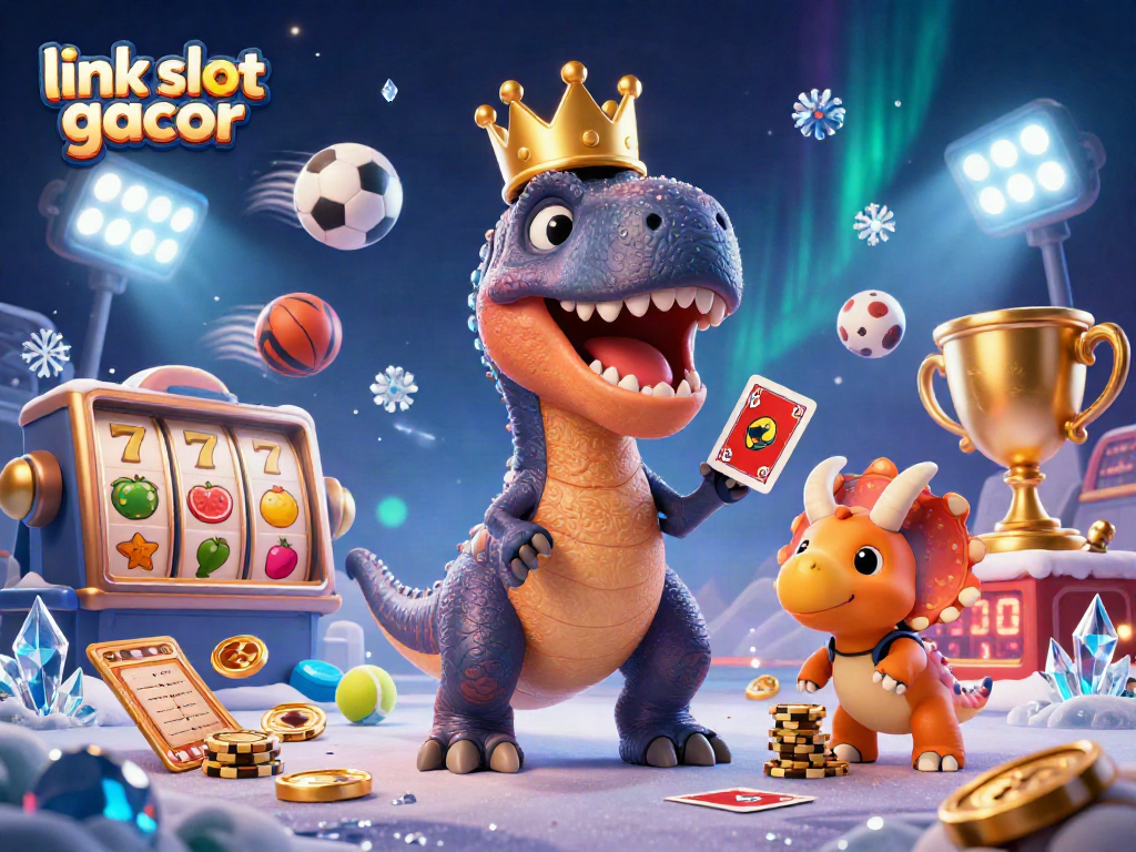 Engage with the link slot gacor scene where a T-Rex plays cards alongside a baby triceratops and a pterodactyl, filled with slot game elements.