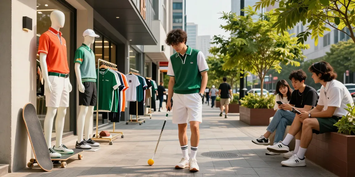 Golf wear replica fashion showcased in vibrant urban shopping scene, emphasizing stylish outfits and trendy accessories.