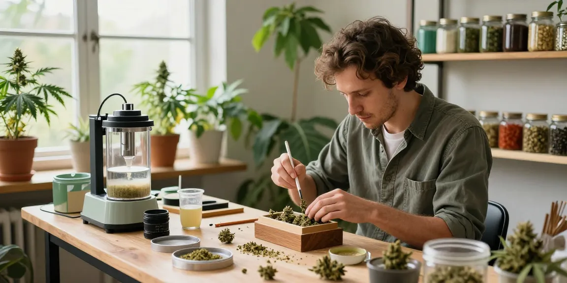 Artisan using a hash sieb to extract cannabis trichomes in a bright workshop setting
