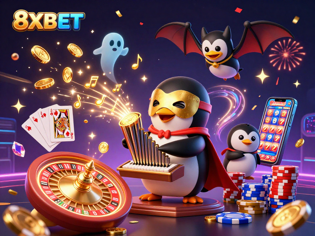 Experience 8XBET's action with a dynamic scene featuring a penguin and acrobat amidst golden coins and thrilling casino elements.