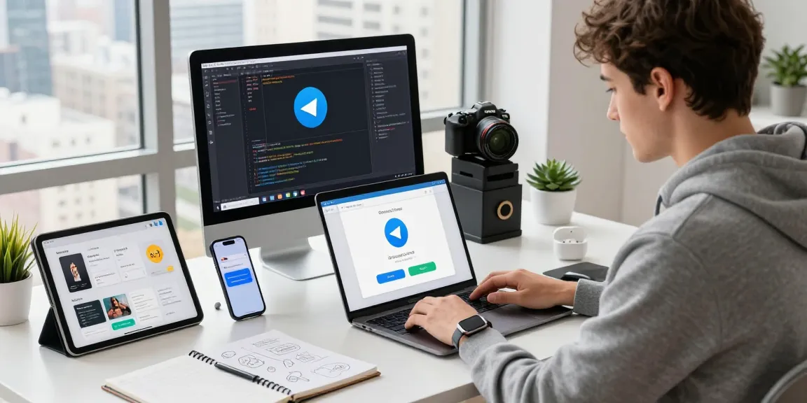 Downloading telegram中文版下载 on multiple devices in a modern tech workspace.