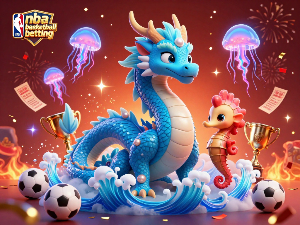 Bet on nba basketball betting with a dragon, seahorse knight, and sports elements in a vibrant setting.