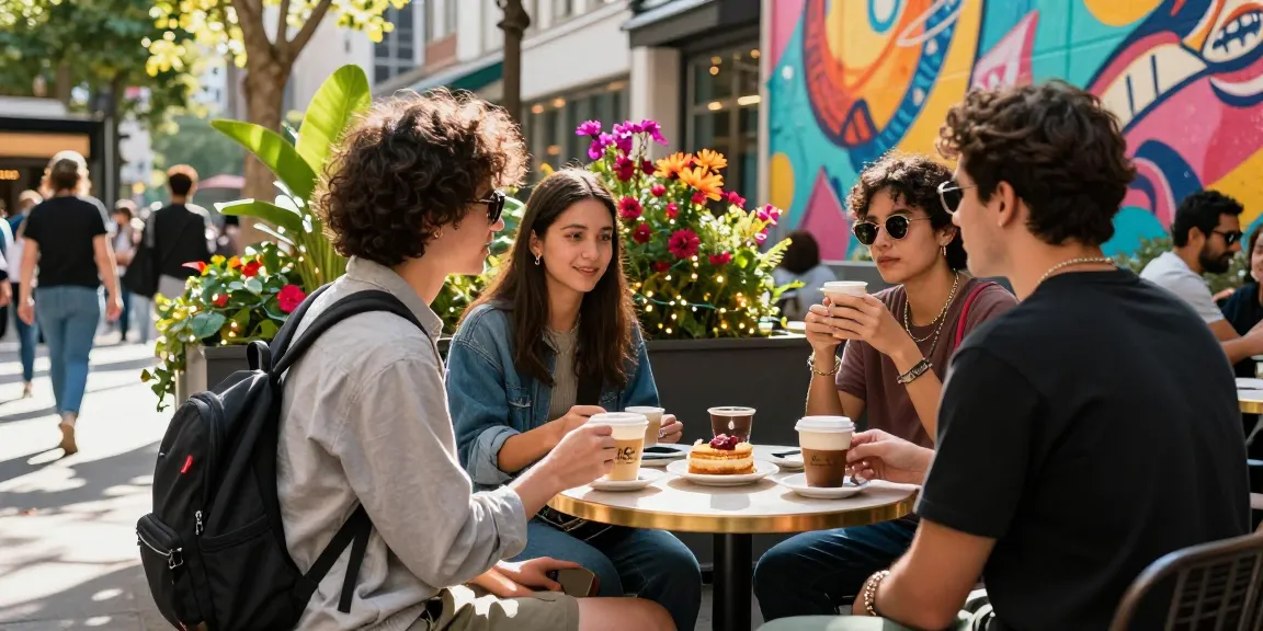 Urban lifestyle scene at a café with friends enjoying coffee and pastries, reflecting casual fashion and vibrant city life - https://forumup.org/shop/search.php?ca_id=&addr1=&addr2=&addr3=&schKeyword=