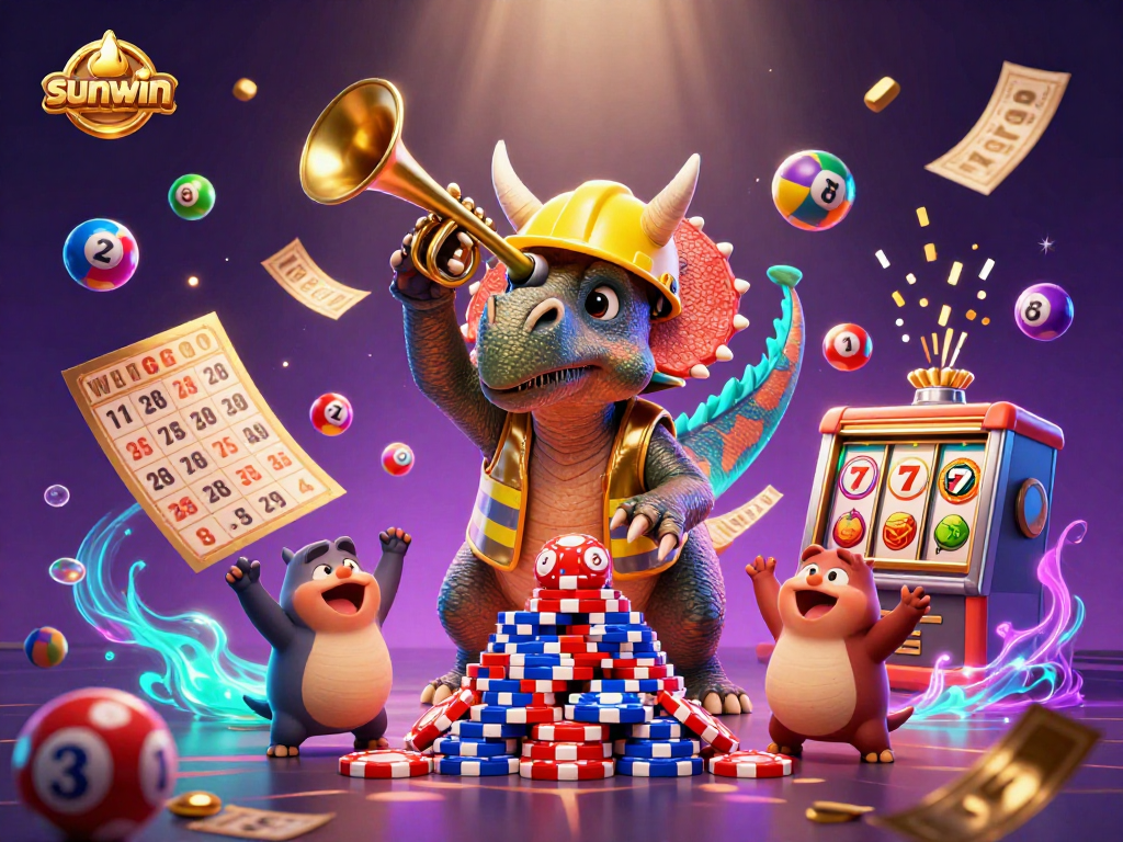 Sunwin showcases a lively scene with dinosaurs celebrating at a vibrant casino.