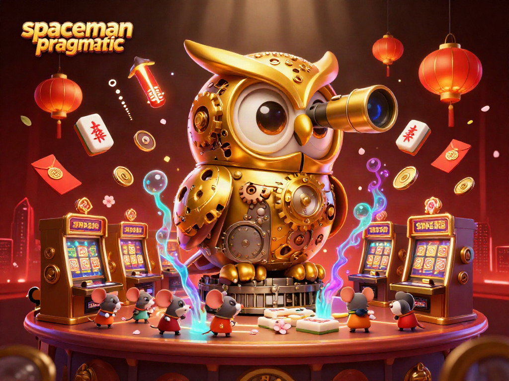 Engage with the game Spaceman Pragmatic in a detailed 3D scene showcasing a golden owl in a vibrant casino setting.