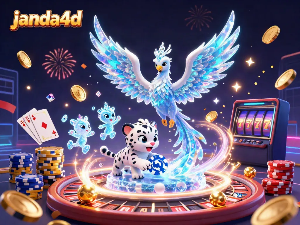 Permainan menarik di janda4d dengan ikon phoenix es dan koin emas berkilau.
