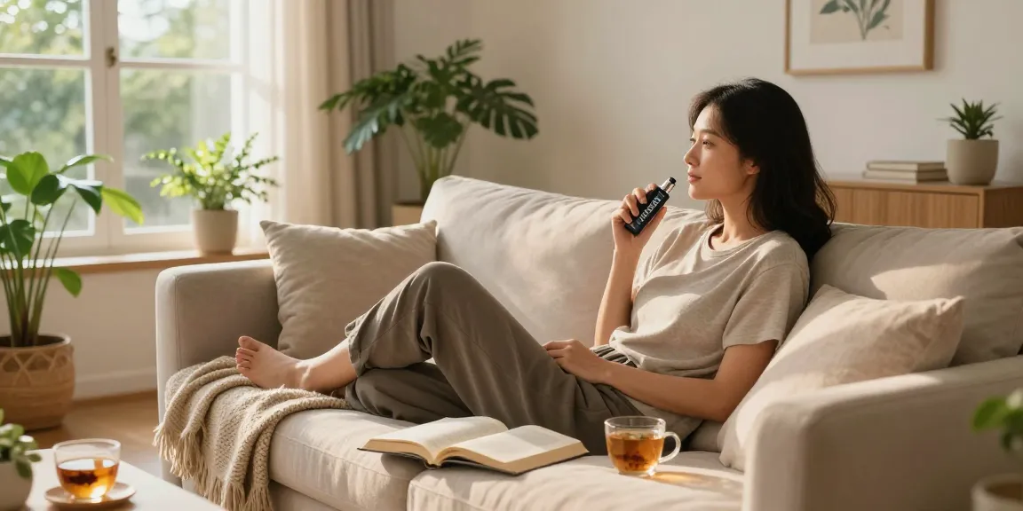 Using a packman thc vape device in a serene wellness setting with herbal tea and plants for a relaxing experience.