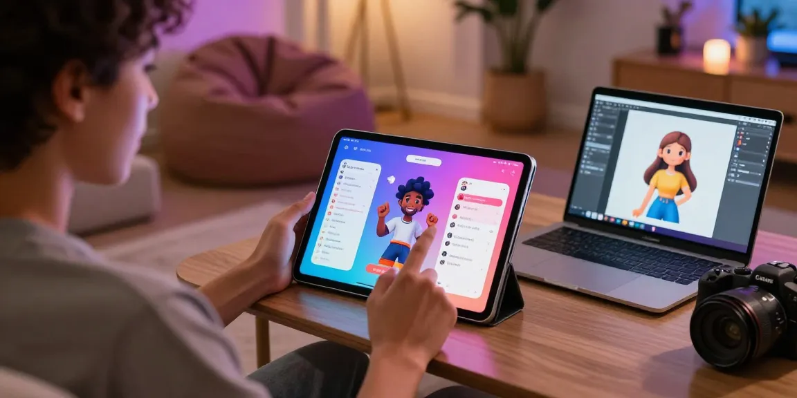Engaging NSFW AI chat interaction showcasing user customizing digital characters on tablet in a cozy living room.