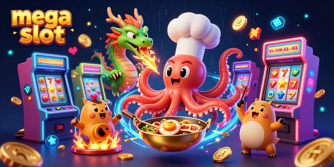 Mega slot menampilkan ilustrasi 3D dengan koki gurita sihir, naga hijau, dan pelanggan tanuki, dikelilingi elemen slot yang berkilau.