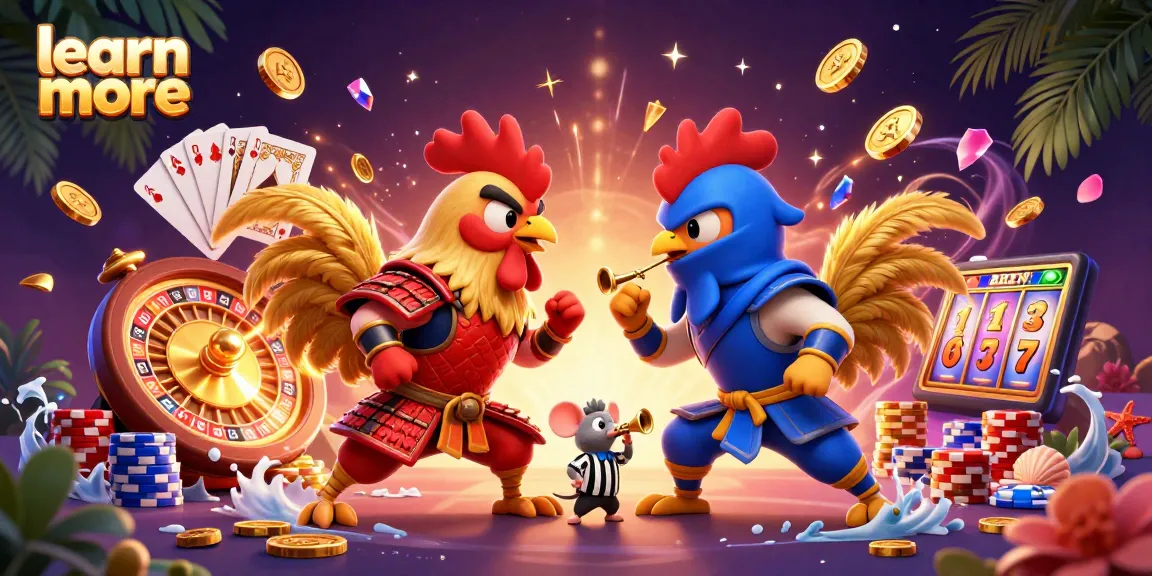 Experience the excitement of gaming with our learn more themed illustration, featuring dramatic roosters and casino elements.