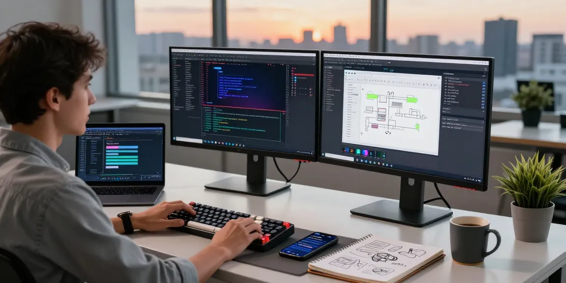 KoboldAI workspace featuring a developer coding with dual monitors in a modern office, illustrating intelligent conversations and tech innovation.