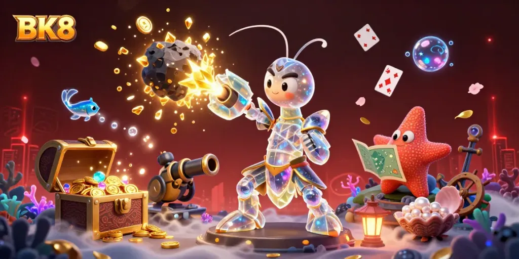 Experience the thrilling BK8 adventure with a galactic samurai mantis shrimp in a vibrant casino world, winning big!
