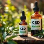Showcase CBD Oil bottle surrounded by greenery on a rustic table, highlighting natural wellness.
