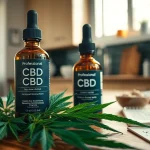 Showcasing CBD oil bottle with fresh hemp leaves promoting natural wellness.