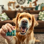 Engaging dog happily receiving CBD For Pet treats in a cozy home environment.