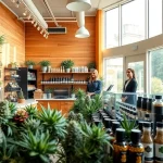 Explore the welcoming atmosphere of a lively weed store with a diverse product selection.