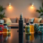 Engaging cannabis vape pen amidst colorful vape juices on a modern table, illustrating the vaping experience.