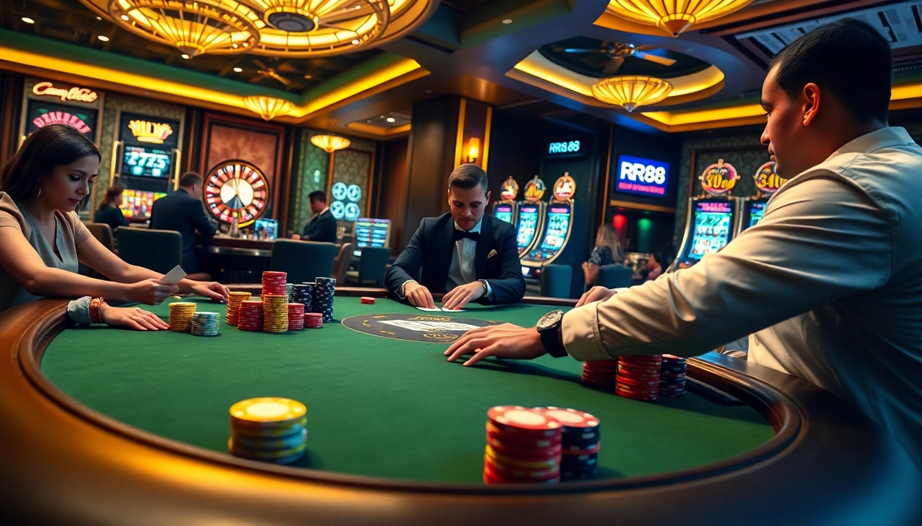 Experience thrilling gaming at RR88 with engaged players around a poker table and spinning roulette wheel.