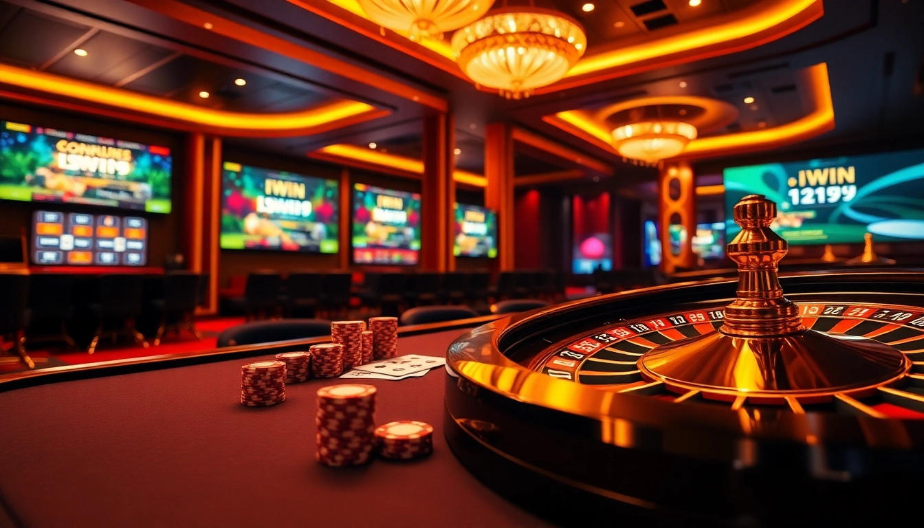 Experience thrilling games at IWIN's luxurious online casino with vibrant poker tables and roulette.