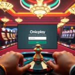 Engage in the excitement of online gaming with the Onicplay login interface amidst luxurious casino visuals.