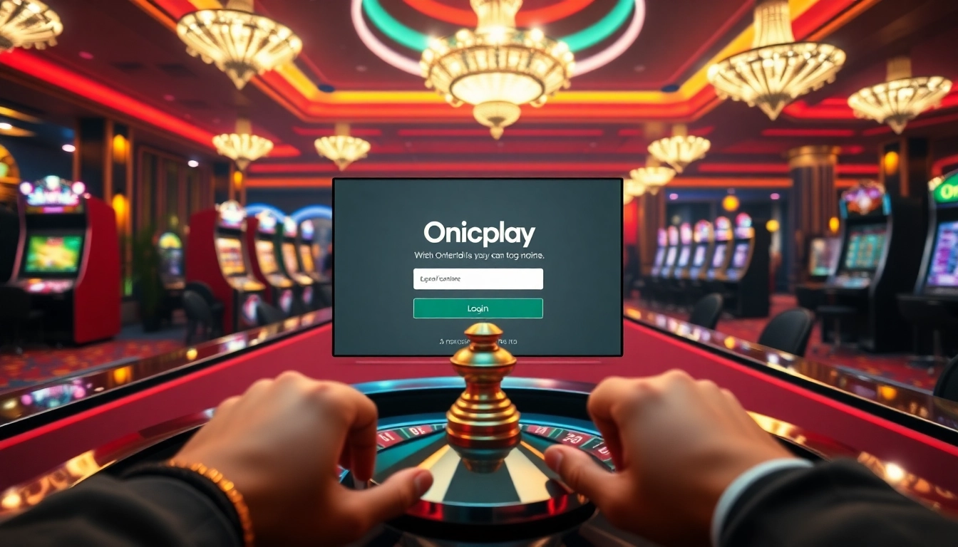 Engage in the excitement of online gaming with the Onicplay login interface amidst luxurious casino visuals.
