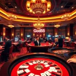 Players enjoying a thrilling night at God55 casino with poker chips and cards.