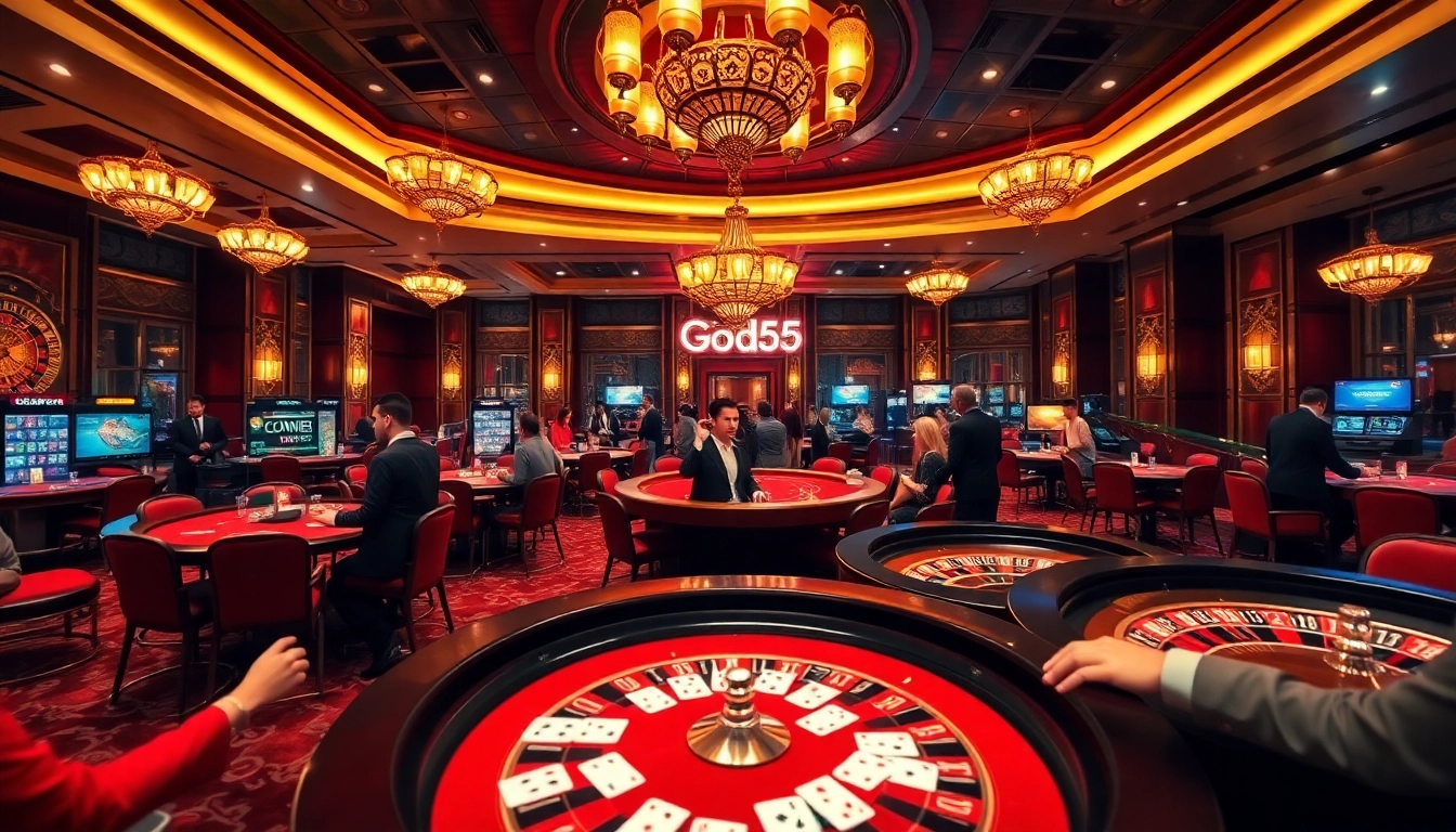 Players enjoying a thrilling night at God55 casino with poker chips and cards.