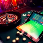 Sbobet interactive online gambling setup with colorful poker table and roulette wheel.