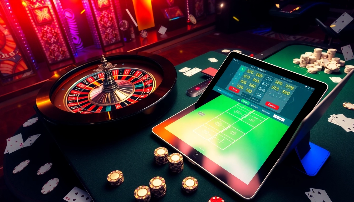 Sbobet interactive online gambling setup with colorful poker table and roulette wheel.