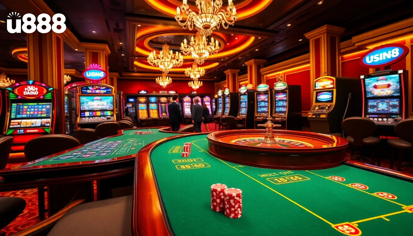 Experience excitement at the u888 online casino with players at elegant tables, vibrant chips, and roulette.