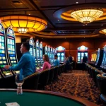 Play exciting idn slot machines surrounded by vibrant casino ambiance and eager gamblers.