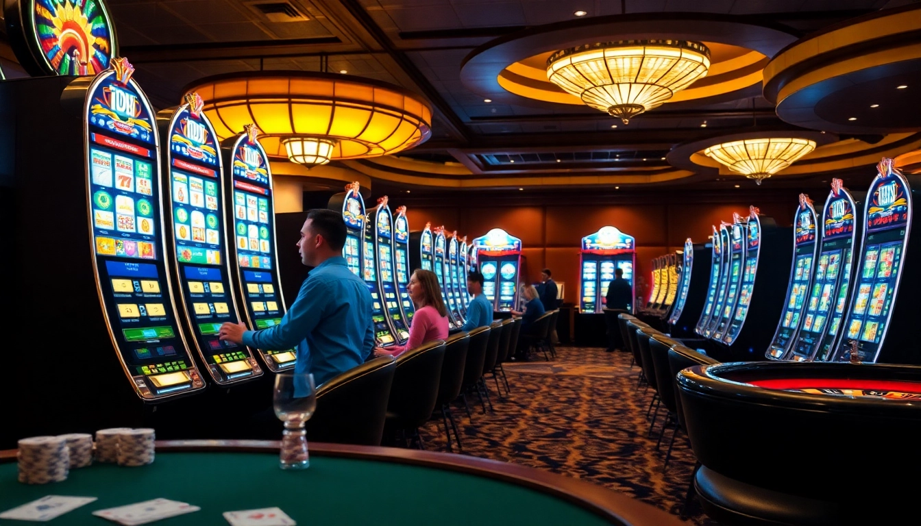 Play exciting idn slot machines surrounded by vibrant casino ambiance and eager gamblers.