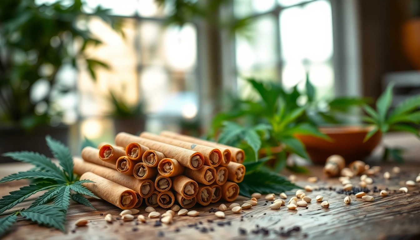 Experience delta 8 prerolls displayed with cannabis leaves on a rustic table, showcasing their natural appeal.