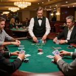 Link vào kubet players strategizing at an elegant blackjack table in a luxury casino