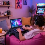 Enjoy immersive gameplay with online sex games in a cozy gaming nook with vibrant atmosphere.
