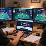 Engaging gameplay on the rikvip platform from a cozy home office setup, highlighting online gambling excitement.