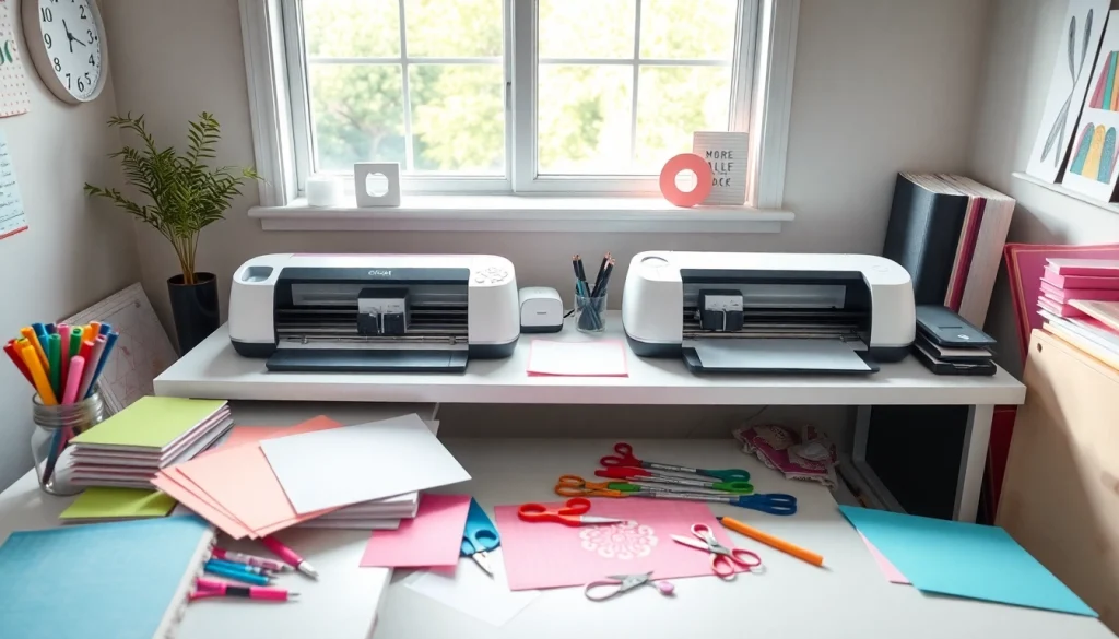 Side-by-side comparison of silhouette vs cricut machines in a bright crafting workspace.