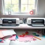Side-by-side comparison of silhouette vs cricut machines in a bright crafting workspace.