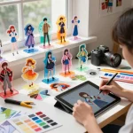 Designer customizing acrylic standees in a vibrant creative workspace, showcasing colorful art and materials.