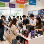 Engaging shopping atmosphere at Hubet88.com sale event with diverse customers exploring products.