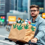 Buy weed delivered by a professional rider in an urban environment, showcasing cannabis products.