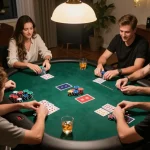 Engaged players enjoying nsfw games at a poker table during a cozy home gathering.