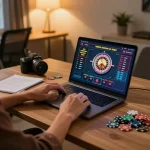 Engaging in a live dealer roulette game on laptop while strategizing bankroll management for 388bet.