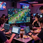 Friends engaged in esports betting Singapore surrounded by screens showing live matches and stats.