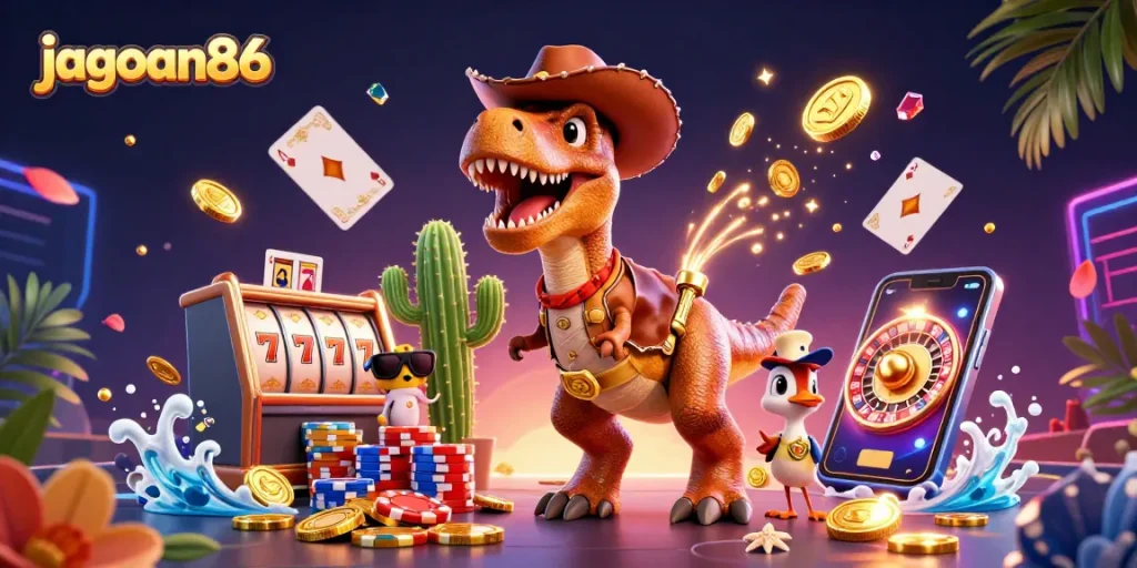 Engage with jagoan86 in a vibrant casino scene full of dynamic gambling action.