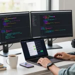 Developer working on GB WhatsApp APK in modern workspace with dual monitors.