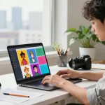 Tavern AI scene with user creating AI characters at a modern desk, showcasing creativity and innovation.